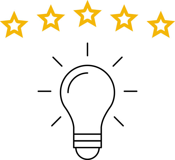 五星好评和发光灯泡，强调想法、评论、反馈、创新、目标。创意、团队合作、质量改进、用户体验评估插画图片下载