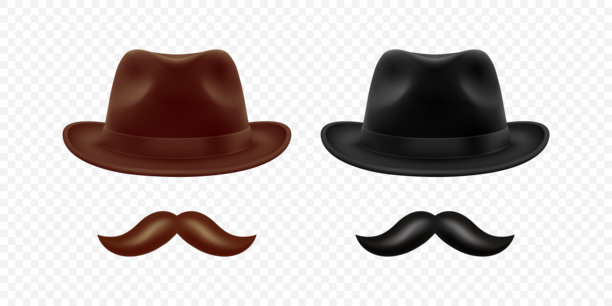 矢量3D写实风格的棕黑色帽子和胡子套装。复古绅士帽和胡子，适用于理发店、复古服装、潮人设计。帽子和胡子插画。图片下载