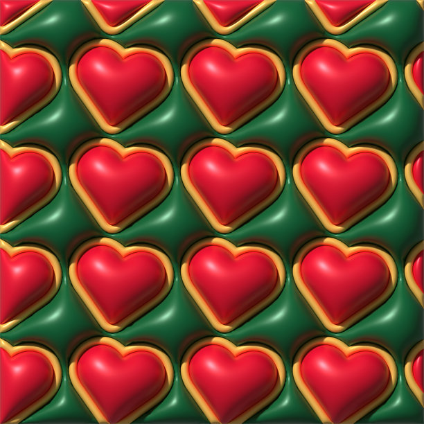 以绿色纹理浮雕为背景，重复排列着带有金色镶边的红色心形图案。概念主题围绕着爱、浪漫和庆祝。三维渲染插画。图片下载