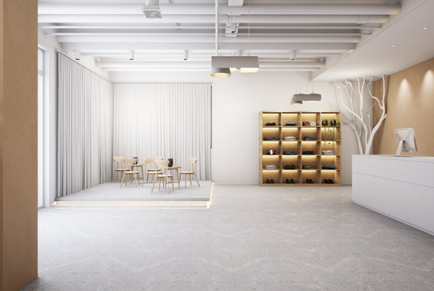 现代服装店空荡的内部，配有白色接待台和极简主义展示架。3D插画图片下载