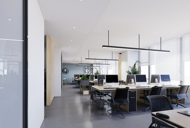 现代开放式办公室，自然光照，极简设计。3D插画图片下载