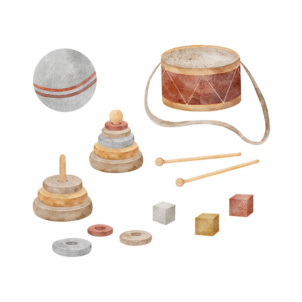 复古玩具、鼓、金字塔、立方体、球。复古儿童风格的水彩插画，从背景中分离。手绘，用于贺卡、请柬、婴儿房装饰、宝宝生日、圣诞节。图片下载