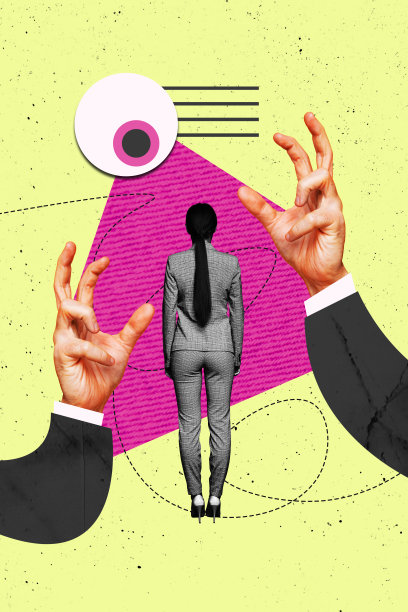 创意照片海报潮流艺术拼贴画，画面中一个害怕的女孩双手背在身后，眼神充满恐惧，直视前方，带有共济会陷阱、玄学监视的元素。图片下载