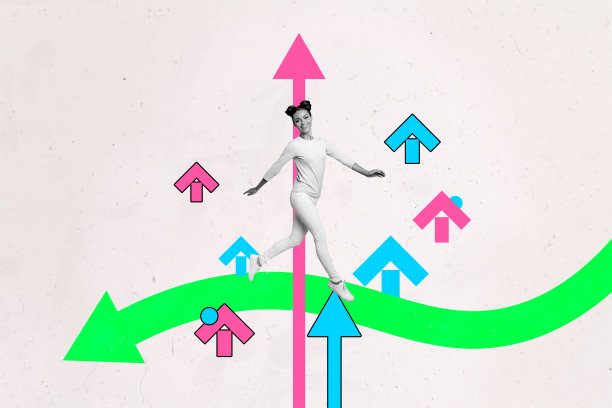 海报图片，拼贴画，快乐的女商人，行走，箭，发展概念，职业成长，目标，成就，机会图片下载