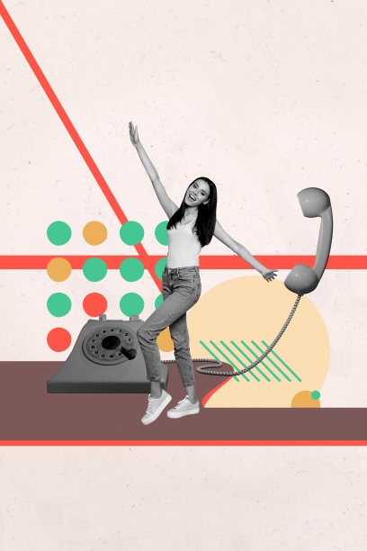 独家图片 竖版照片拼贴 开心时髦女孩 跳舞 场合 电话听筒 呼叫中心 接听 电信图片下载