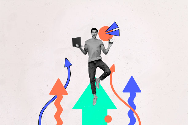 海报图片，拼贴照片，快乐的商人，运行笔记本电脑，闹钟，箭头，发展概念，事业成长，目标图片下载