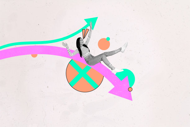 海报图片，拼贴画，快乐的女商人在箭头旁坐着，概念是事业发展、职业成长、目标达成、机遇图片下载