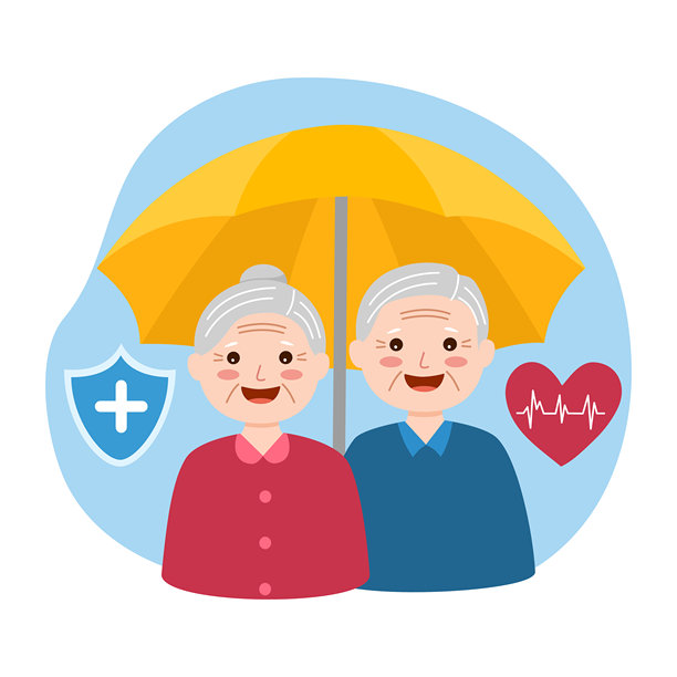 老年人生活养老保险保障，老年夫妇撑伞象征保险保障的矢量插画图片下载