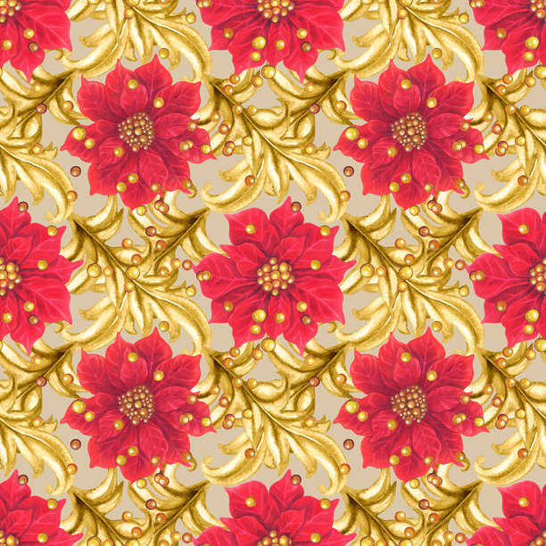 金色的复古小插画，在米色背景上构成无缝图案。水彩边框，适用于圣诞节和婚礼装饰、请柬、贺卡、桌布、桌旗、家居装饰。图片下载