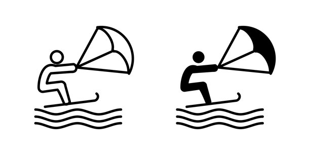 风筝冲浪图标。一个人乘着冲浪板，在海浪上空抓着风筝的矢量插画。极限水上运动，带有风力推进符号。冒险和夏季娱乐象形图。图片下载