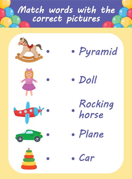 学龄前儿童或幼儿的配对词语和图片玩具，富有活力的教育活动设计图片下载