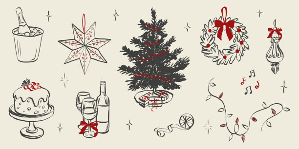蜡笔和粉笔素描风格的异想天开的派对涂鸦，描绘了节日餐桌、圣诞树、酒杯、带丝带蝴蝶结的花环和节日装饰。矢量插图图片下载