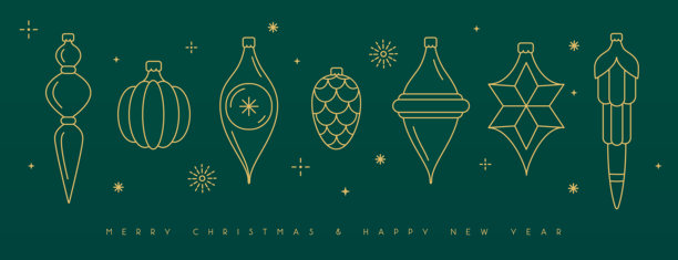 一套线条艺术的节日圣诞树玩具、装饰球、小摆设、装饰品，背景为翠绿色。矢量插画图片下载