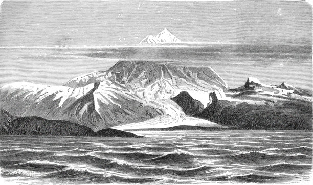 1899年老旧复古插画，描绘了菲尔德尔富埃戈群岛的蒙特萨米恩托峰，覆盖着冰川，并伴有戏剧性的云层，展示了南安第斯山脉的地质和亚南极景观。图片下载