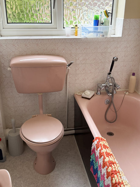 复古粉色浴室，配有马桶、浴缸、淋浴、水龙头和水嘴，复古风格的卫生间设计图片下载