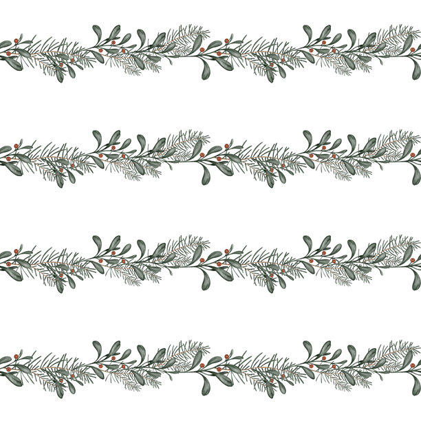 无缝图案，包含水彩圣诞树枝和红色的冬青浆果。手绘插画，背景为米色。圣诞新年无缝横幅花环。图片下载