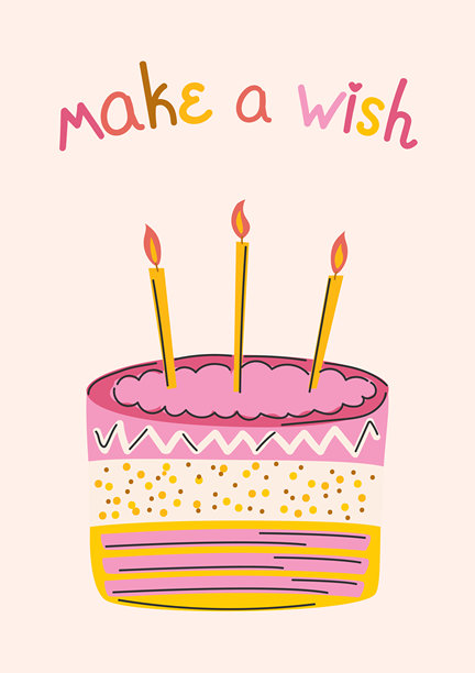 许个愿吧。粉色简约蛋糕海报，带蜡烛。可爱的生日贺卡，用于派对邀请或庆祝横幅。矢量插画图片下载