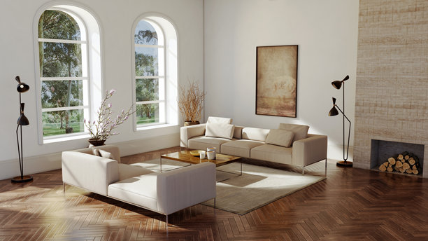 宽敞奢华的现代明亮室内客厅样板图插画 3D渲染图图片下载