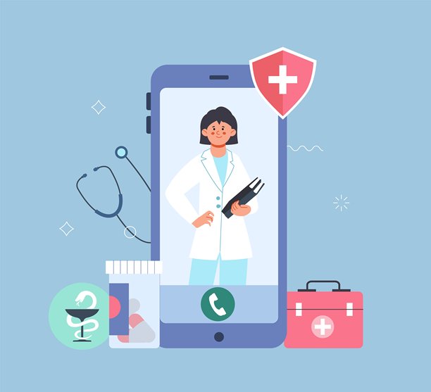 在线医生。远程医疗保险。智能手机屏幕上的女性医疗助理，视频通话咨询，医疗保健矢量概念图片下载