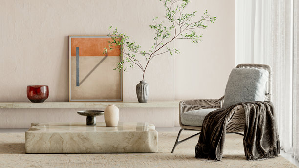 宽敞奢华的现代明亮内饰客厅样板图插画 3D渲染图图片下载