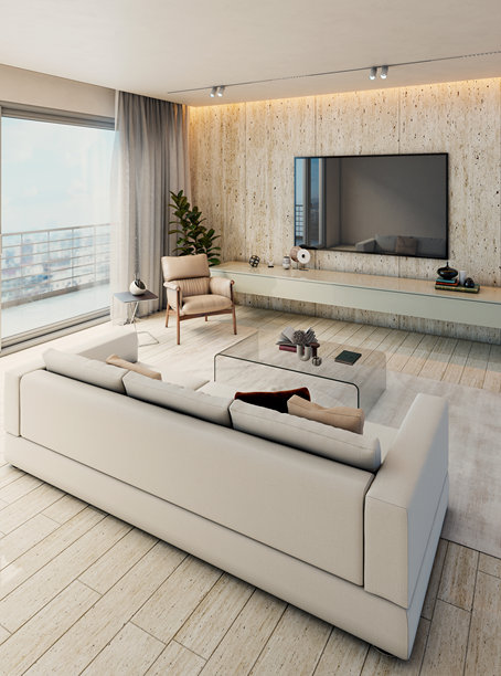 宽敞豪华的现代明亮室内客厅样板图插画 3D渲染图图片下载