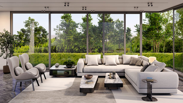 宽敞奢华的现代明亮室内客厅样板图插画，3D渲染图图片下载