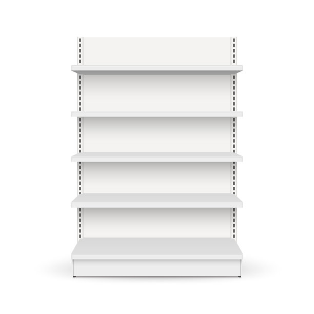 白色空置商店货架模型正面。产品货架柜台设计。超市产品广告空白。图片下载