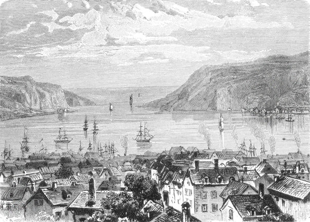 1899年圣约翰斯港口，展示了渔业帆船和滨水建筑，描绘了北大西洋港口运作和加拿大海上贸易活动的老式复古插画。图片下载