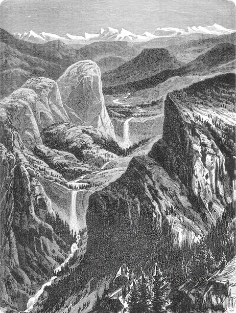 约塞米蒂山谷，展现标志性的花岗岩悬崖和默塞德河，包含冰川地质和红杉森林，用于地理研究和自然遗产记录，1899年的老式插画。图片下载