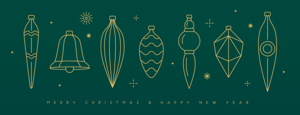 一套线条艺术的节日圣诞树玩具、装饰球、小摆设、装饰品，背景为翠绿色。矢量插画图片下载