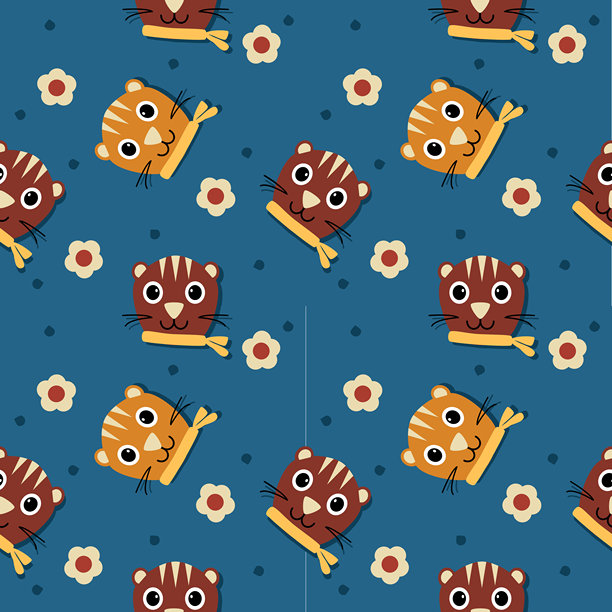 一张非常可爱的红橙色卡通猫脸，背景为蓝色鲜花。无缝矢量插画图案。图片下载