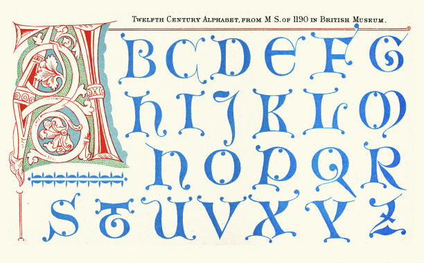 中世纪插画手稿的例子，字母，艺术，12世纪，复古插图图片下载