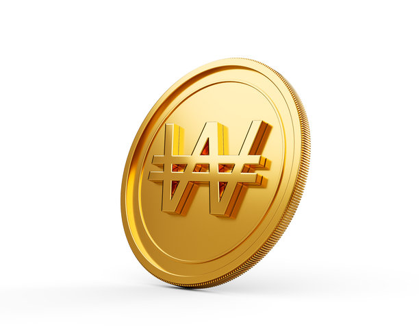 3d金色闪亮圆形韩元硬币，孤立在白色背景上，3d插画图片下载