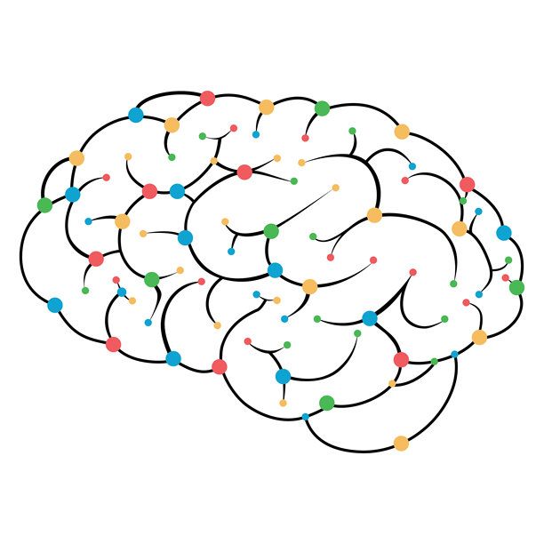 彩色圆点描绘出连接与网络的创意大脑插画，非常适合神经学、医学研究、人工智能和创新等概念。图片下载