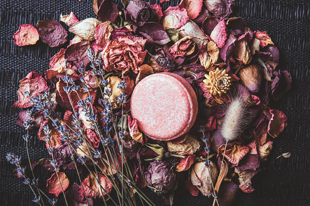 粉色固体洗发皂和护发皂，放置在各种干花瓣、玫瑰和薰衣草上。浪漫复古美妆套装，室内平铺视图。图片下载