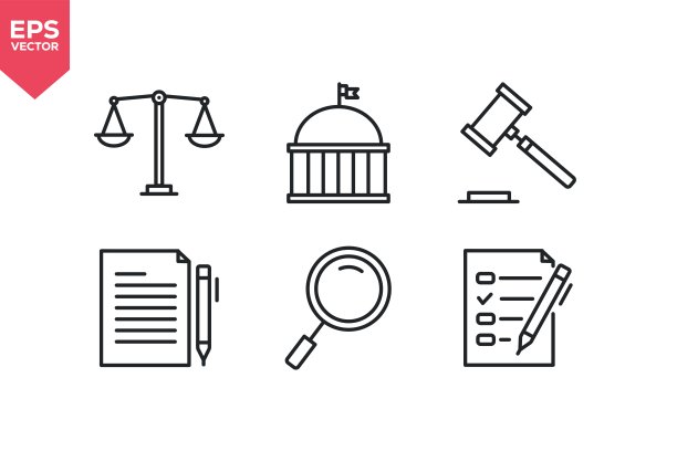 一组关于天平、法庭、判决、法律文件、放大镜和合规性的线性图标。描边可编辑。矢量插画图片下载