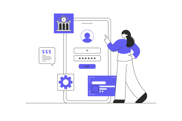 手机银行应用。在线转账和交易。持信用卡且手机屏幕显示登录页面的女性。扁平卡通矢量插画，图标，时尚抽象设计着陆页网页图片下载