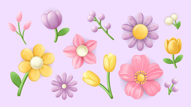 逼真的渲染设计中，花朵3D元素集。柔软的柔和粉彩粉色、丁香色和黄色调的抽象光泽郁金香、雏菊和野花，配以绿色茎。矢量插画。图片下载