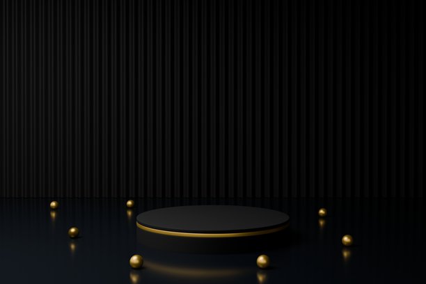 奢华黑金讲台产品展示，置于反光地板上，背景为优雅的罗纹设计，适用于高端品牌推广。图片下载