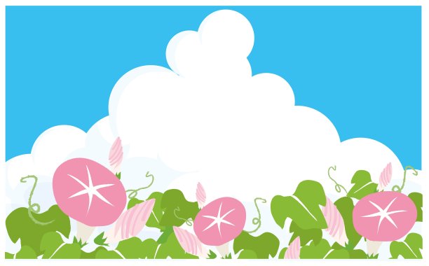 夏日天空，背景为巨大的积雨云和粉色牵牛花插画图片下载