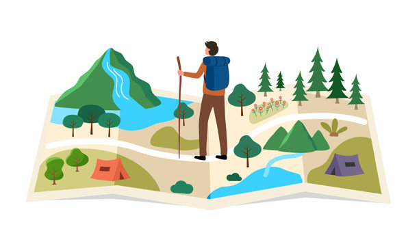 徒步旅行者在自然中行走、徒步。背着背包的游客在地图上徒步。旅行、探险、旅游、路线概念矢量图图片下载