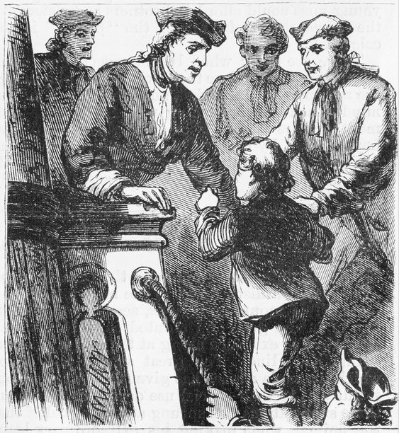 19世纪，一个孩子在船甲板上恳求水手们——矢量插画图片下载