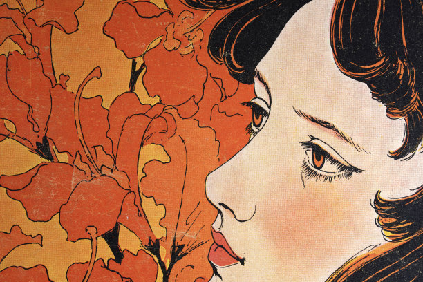 一位年轻女性的特写肖像，红唇和红润的面颊，新艺术风格，青年风格，复古插画，19世纪90年代，19世纪图片下载