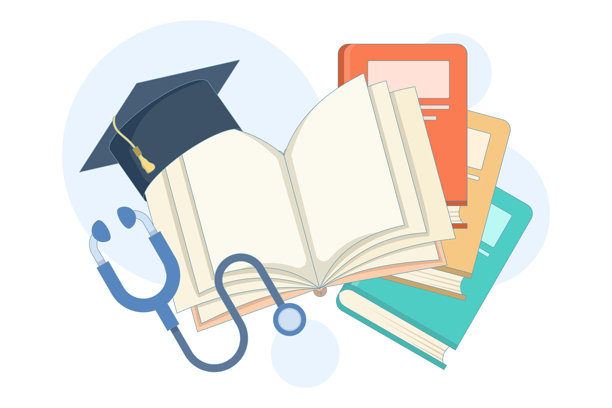 医学教育概念，包含书籍、学习材料、听诊器和毕业帽，采用简洁的扁平卡通风格插画。图片下载