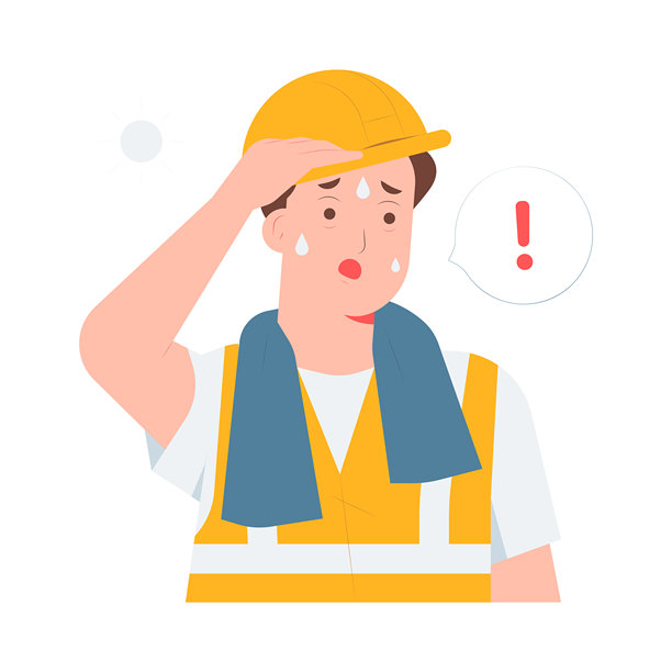 中暑、极度疲劳、疲惫，建筑工人擦汗，脱水风险意识概念插画图片下载