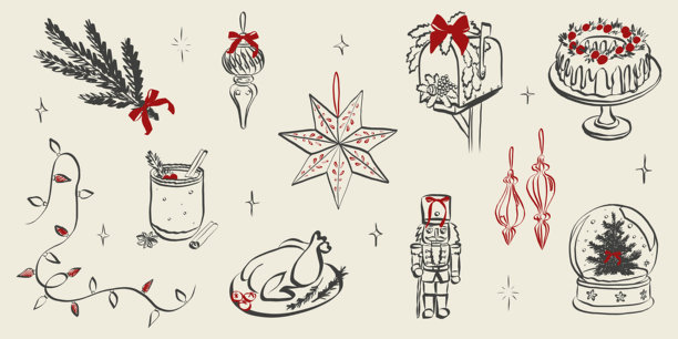 异想天开的派对涂鸦，描绘了节日餐桌、圣诞树、蛋酒和酒杯、带有蝴蝶结和丝带的邮箱以及节日装饰，采用蜡笔素描风格。矢量插画。图片下载