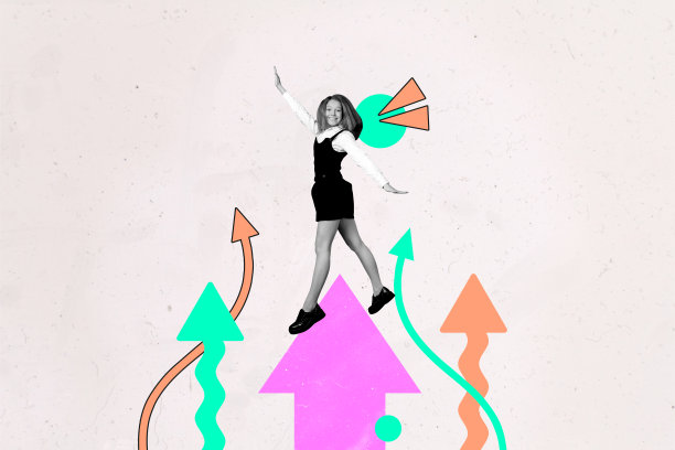 海报图片 拼贴画 照片拼贴 快乐的商业女性 跳跃 箭头 发展概念 职业成长 目标 成就图片下载