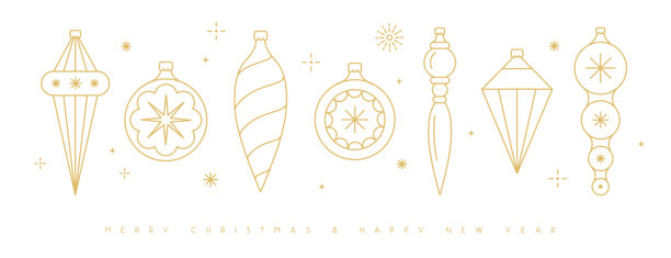 一套线描风格的圣诞树节日玩具、饰品、小摆设和装饰品，白色背景。矢量插画图片下载