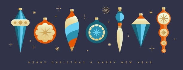 一套扁平化的圣诞树玩具、装饰球、小摆设、装饰品，孤立在深蓝色背景上。矢量插画图片下载