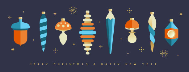 一套平面的圣诞树玩具、装饰球、小摆设、装饰品，孤立在深蓝色背景上。矢量插画图片下载